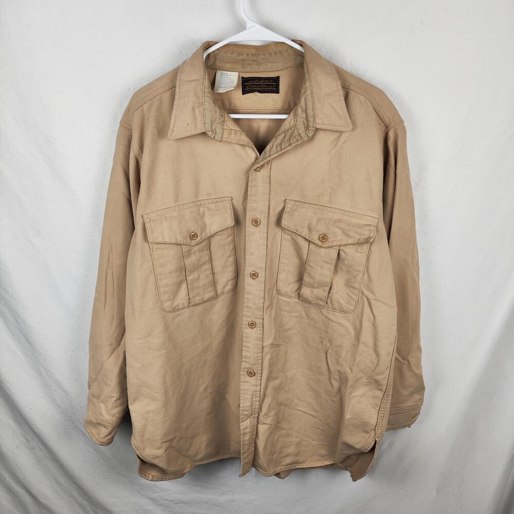 Eddie Bauer Shirt Mens XL Beige Cotton Button Up Long Sleeve Utility Pockets